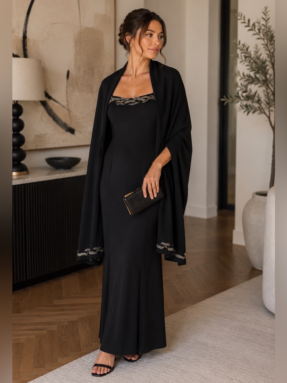 Lane Davis LD Beverly Hills Vintage Black Maxi Beaded Gown 8 10 Drape capelet